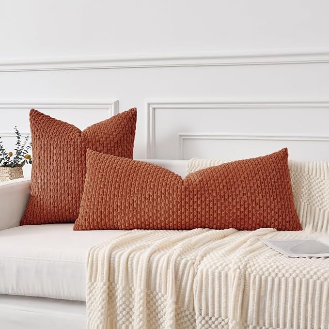 Kevin Textile Soft Corduroy 14"x36" Lumbar Pillow Cover 1 Pack, Rust | Fall Boho Stripe Plush Corduroy Decorative Oblong Cushion Cover Modern Farmhouse Home Decor for Sofa Couch Bed Chair