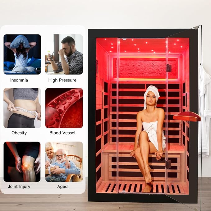 OUTEXER Infrared Sauna 2000W Wooden Saunas Home Spa Room Wood Low-EMF Indoor Saunas with with 7 Color Starry Sky Ceiling Light for Two Person 74.8 * 47.2 * 41.3Inch