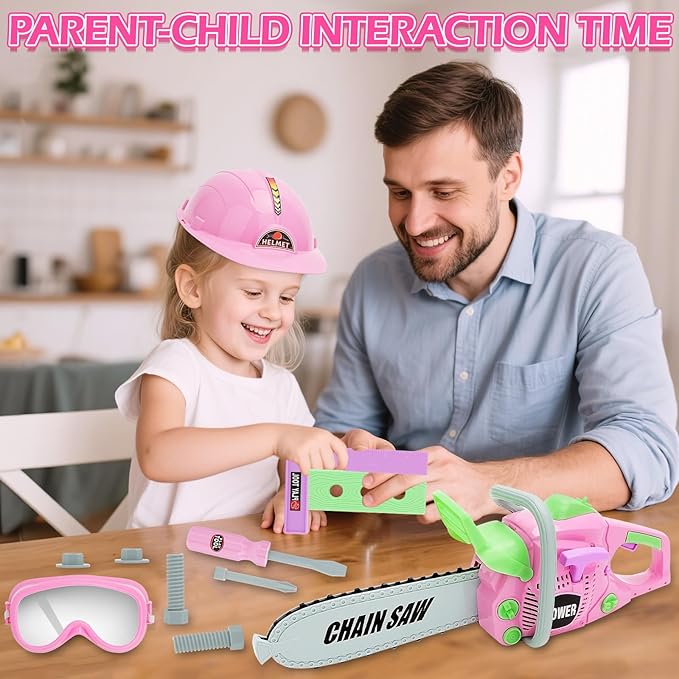 deAO Kids Tool Set Toddler Tool Kit, Pretend Play Toys Tooks with Electric Chainsaw Working Vest Hammer Accessories, Construction Tool Kit Gift for Toddler Playset Kit Girl Boy