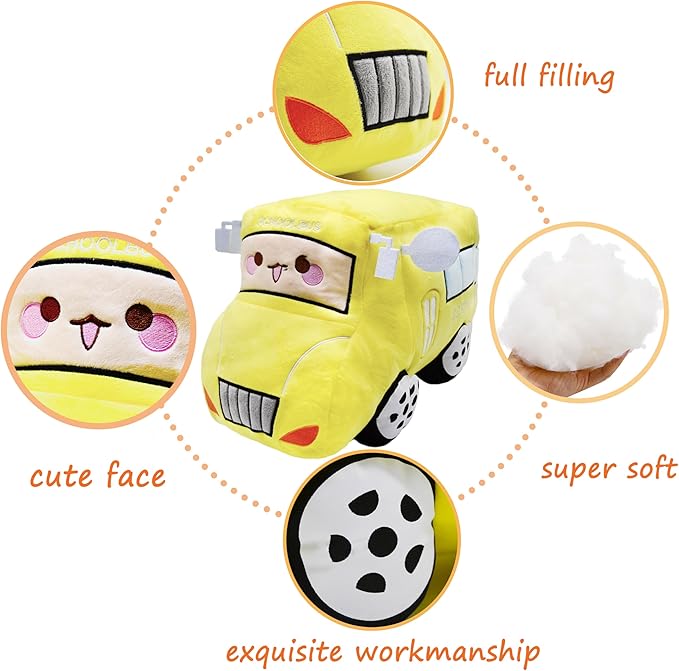 Soft Plush School Bus Stuffed Car Toy Super Cute Yellow Truck plushie Excellent Gifts for Kids or Birthday Party 11 Inches
