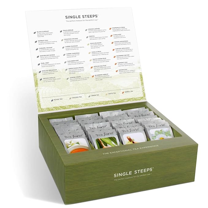 Tea Forte Single Steeps Loose Leaf Tea Sampler, Assorted Variety Tea Box, 15 Single Serve Pouches, Classic Tea