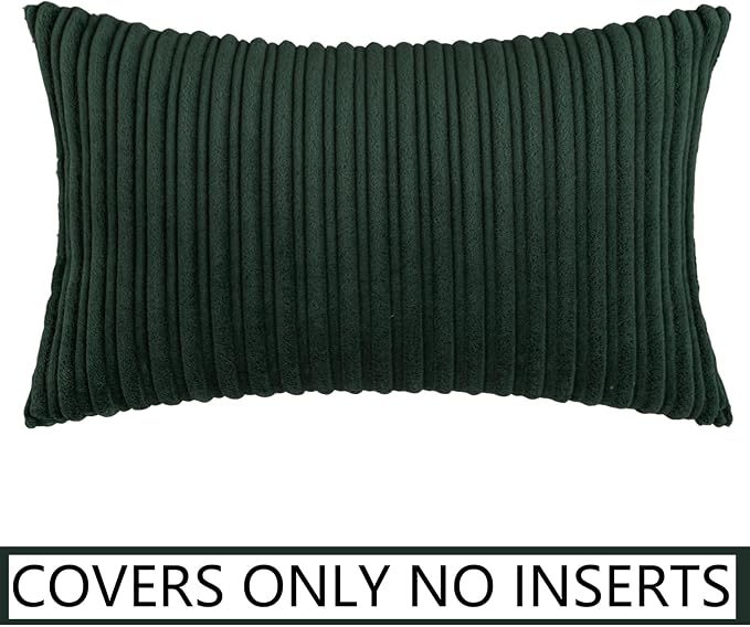 UGASA Christmas Velvet 12x20 Inch Lumbar Soft Throw Pillow Covers Decorative Striped Corduroy Both Sides Rectangular Cushion Cases Boho Farmhouse for Couch Bedroom Sofa Home, Pack of 2, Dark Green