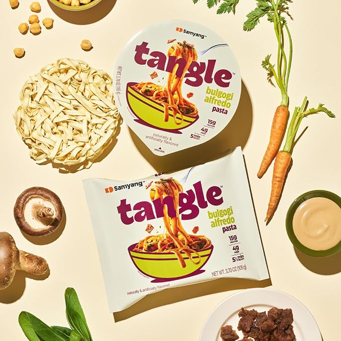 Tangle Bulgogi Alfredo Instant Pasta, 15g Protein Fettuccine, 4g Fiber 4pk | 15g protein, 4g fiber per serving; Chickpea-based air-dried noodle; Sweet-savory bulgogi meets creamy alfredo; Ready in 5min