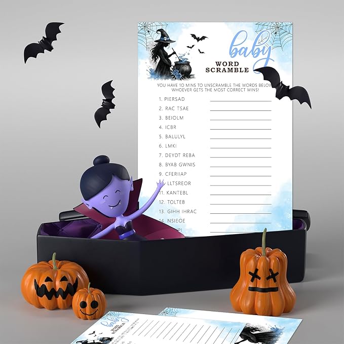 Hilarious Baby Shower Games, 25 Sets Halloween Baby Word Scramble + Answer Card, Blue Witch Gender Reveal Game Cards for Party Announcement Supplies - B09