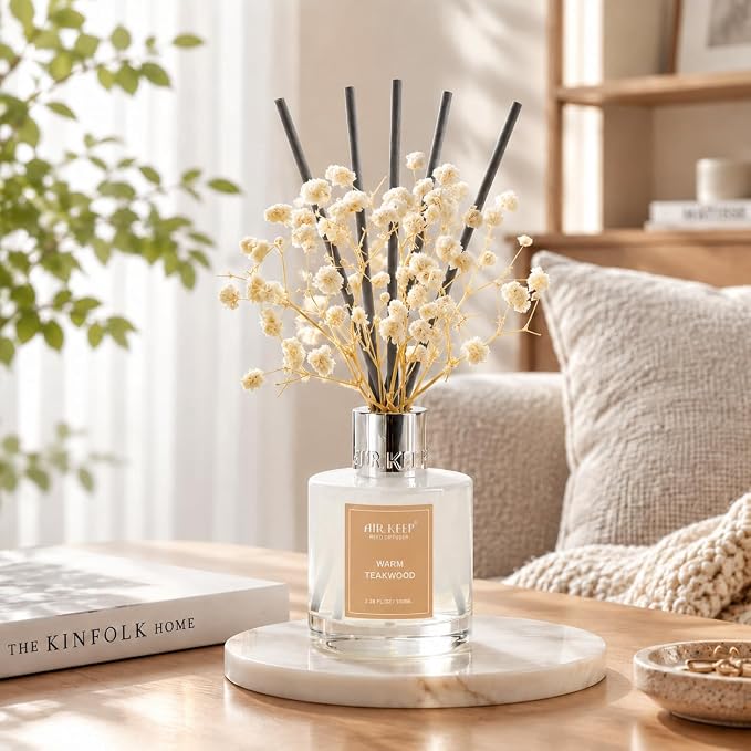 Airkeep Reed Diffuser Set,3.38 fl oz (100 ml) - Warm Teakwood Oil Diffusers with 8 Reed Sticks, Home Fragrance Reed Diffuser for Bathroom Shelf Decor