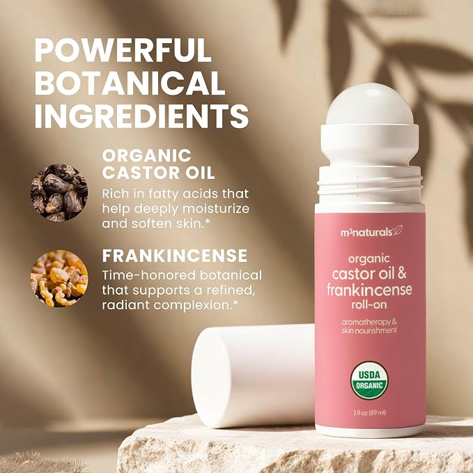 Organic Castor Oil + Frankincense Roll-On | USDA, Cold-Pressed, Hexane Free, Vegan Castor Oil with Frankincense Essential Oil | Body Massage Oil for Aromatherapy & Lymphatic Massage, 3 oz, by M3