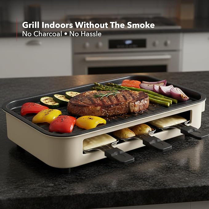 OVENTE 2-in-1 Electric Indoor Grill Non-Stick Cooking Plate, Beige BQR1502B | 1500W Smokeless Korean BBQ Griddle with, 3 Raclette Cheese Pans, Adjustable Temperature Control, Dishwasher Safe