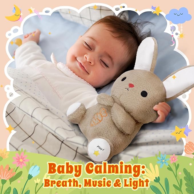 BRICHOEE Breathing Stuffed Animal, Soothing Bunny Stuffed Animal with Moving Ears, Breathing Motion, Calming Sound and Light for Baby Sleep Companion Portable Plush Toy Gifts for Kids Adults Newborns