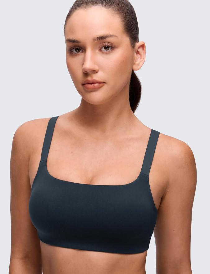 CRZ YOGA Butterluxe Adjustable Wide Strap Sports Bras for Women - Square Back Padded Scoop Neck Yoga Top