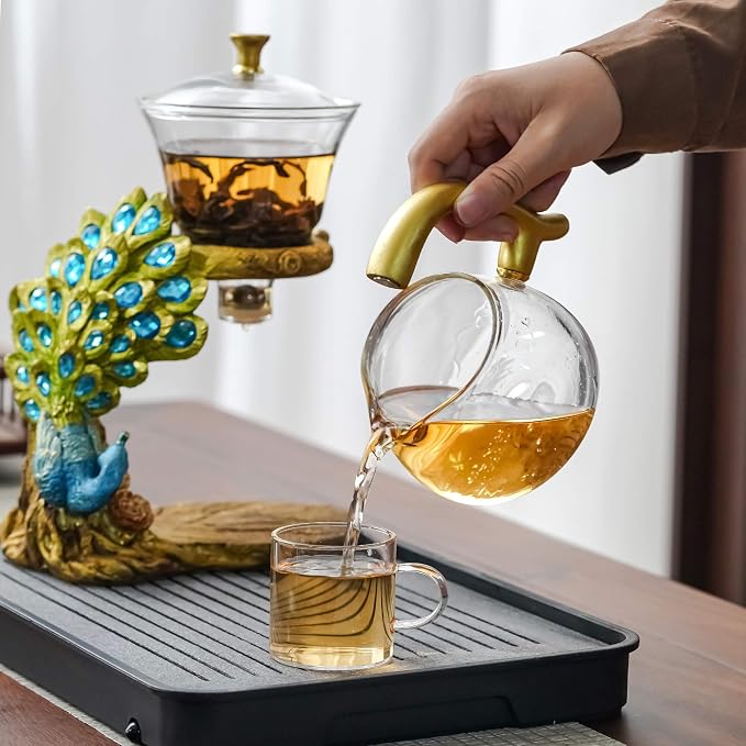 Zurucily Glass Teapot Set with Infuser Semi Automatic Tea Set Magic Teapot (Peacock)