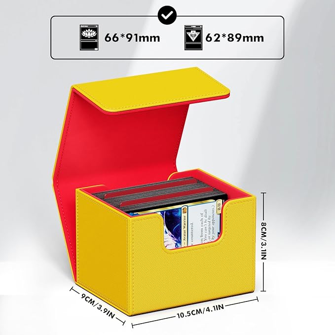 ZLCA Card Deck Box for Trading Cards, MTG Commander Deck Box Holds 120+ Single Sleeved Cards, Leather Magnetic Card Storage Box Fits for TCG CCG Magic Cards (Yellow&Red)
