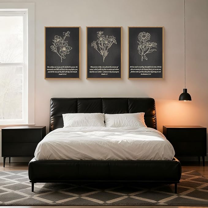 FWIEXA Black Christian Bible Verse Canvas Wall Art Set of 3, Easter Minimalist Scripture Wall Decor, Religious Beige Abstract Floral Painting, 24x36In Vintage Artwork for Living Room,Bedroom,Prayer Room