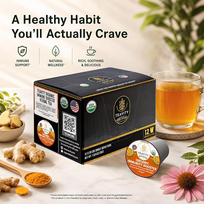 Organic Ginger Tea Pod with Echinacea, Turmeric, and Licorice for Keurig, Decaf by Teavity (12 Tea Pods)