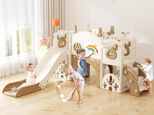 XJD Toddler Slide,13 in 1 Kids Slide for Toddlers, New Upgrade with Golf Set, Basketball Hoop, Drawing Board for Indoor Outdoor Playset,Toddler Playground (Brown)