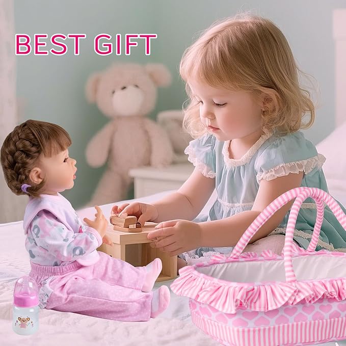 PEDOLLTREE 12 Pcs Reborn Baby Dolls Clothes Girl Pink Elephant Outfit Accessories for 17-22 Inch Reborn Doll Newborn Girl with Pink Heart Bassinet