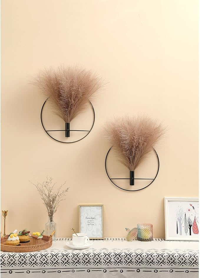 Pretty Jolly Boho Pampas Wall Decor Black Metal Wall-Mounted Art | Morden Artificial Greenery Display，2 Pack Coffee Hanging Planter For Living Room, Bedroom, Bathroom, Dining room