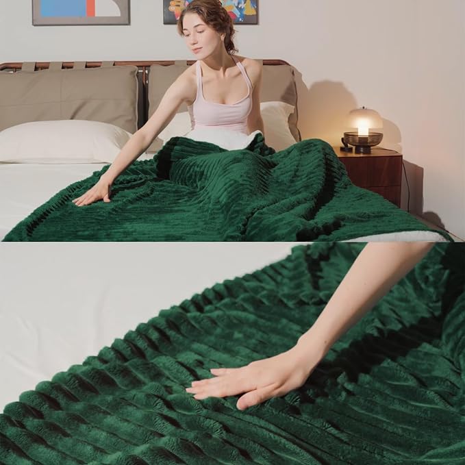Green Sherpa Fleece Throw Blanket 50”×60” for Couch Sofa Bed | Double Side Soft Fuzzy Cozy Plush Thick Flannel Blanket with Striped Design Gift for Adults,Woman