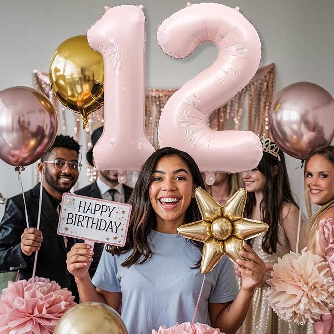 Foil 12 Balloon, Dusty Light Blush Pink Big Number 12 Balloons for Girls Birthday Party Decor, 40'' Mylar Helium Self Inflating Number 12 Baby Pastel Pink Balloon for 12th Birthday Party Decorations