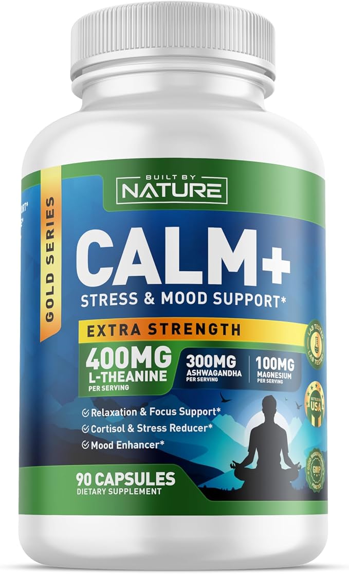 Built by Nature Calm+ Relaxation & Focus Supplement, 90 Capsules Stress, Cortisol & Mood Support, L-Theanine, Ashwagandha, Magnesium Glycinate, Vitamin D3