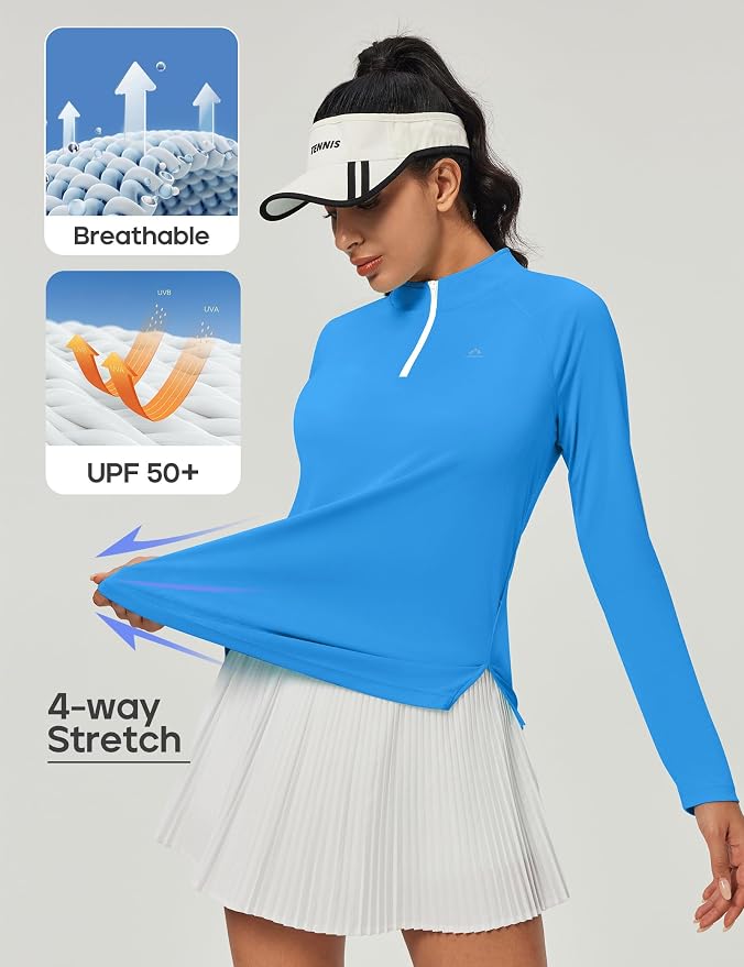 Heathyoga Long Sleeve Workout Tops for Women Golf Shirt UPF 50+ Swim Shirts for Woman UV Sun Protection Quarter Zip Pullover