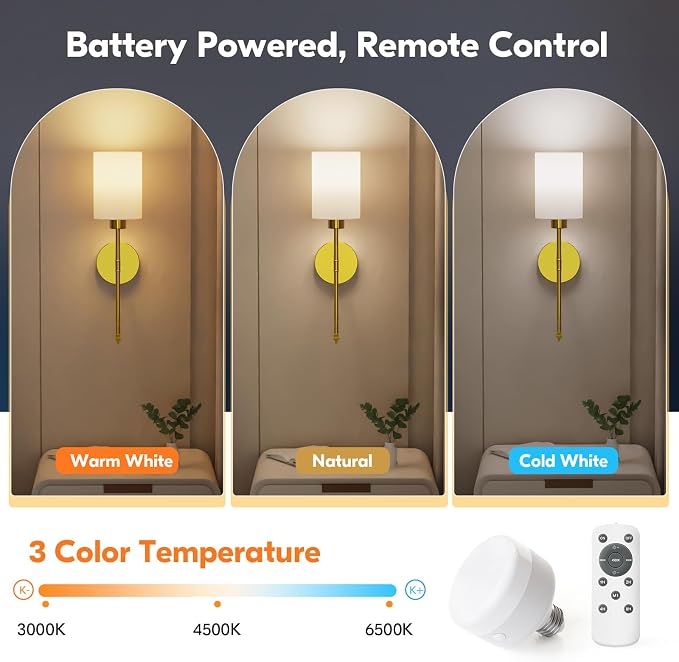 20.67 inch Battery Operated Wall Sconce Set of 2, Gold Rechargeable Wall Lights with 10400mAh Dimmable Bulbs and Remote, 9 Colors Wireless Wall Lamps for Bedroom Living Room Hallway