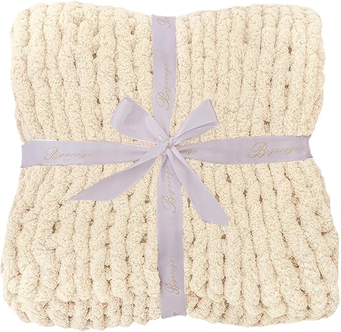 Bigacogo Chunky Knit Throw Blanket for Couch, 51x63 inches, Beige | Hand Knit with Jumbo Chenille, Soft Breathable Cable Knit for Sofa Bed Living Room, Machine Washable, Gift for Mom Friend