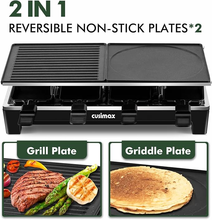 Electric Grill, CUSIMAX Indoor Grill 1500W Raclette Table Grill, Black | Reversible 2 in 1 Non-stick Grill & Griddle Plates/with 8 Paddles & Shovels/Adjustable Temperature/Portable & Easy to Clean