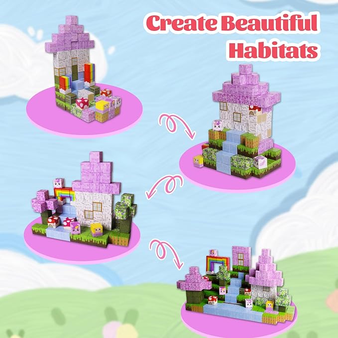 Magnetic Blocks - 100 PCS Magnet Block Stacking Sensory STEM Outdoor Game for 3+ Years Old Boys&Girls Children Birthday Easter Gift, 3D Tiles Construction Weekends Toy Set, Castles and Rainbow