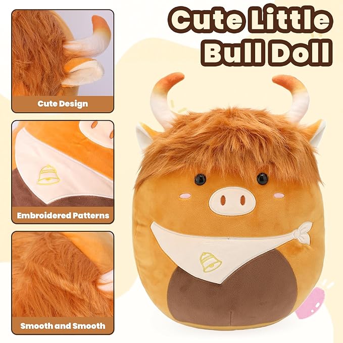 Highland Cows Plush Pillow Adorable Cow Stuffed Animal Plushies Toys Soft Fluffy Cow Plush Pillow for Birthdays Day