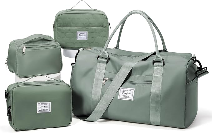 Gym Bag Womens Mens with Shoes Compartment Travel Duffel Bag for Women for Plane Sport Gym Tote Bags Swimming Yoga Weekend Overnight Carry on Bag Hospital Holdalls 4Pcs Set Dark Green