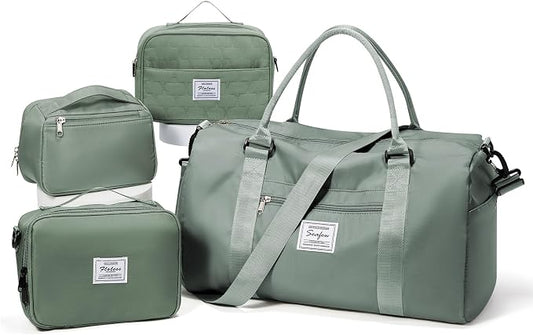 Gym Bag Womens Mens with Shoes Compartment Travel Duffel Bag for Women for Plane Sport Gym Tote Bags Swimming Yoga Weekend Overnight Carry on Bag Hospital Holdalls 4Pcs Set Dark Green
