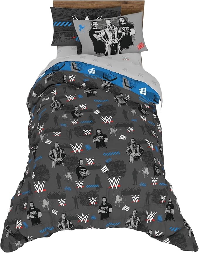 WWE Wrestling Bedding Set, Twin Size 5 Piece Set Super Soft Cozy Reversible Comforter and Sheet Set with Sham, (100% Officially Licensed Product) by Franco