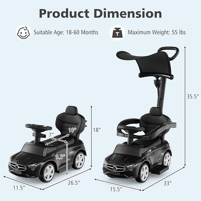 Licensed Mercedes Benz Push Car for Toddlers by INFANS, 3 in 1 Sliding Walking Car with Push Handle, Horn, Music, Underneath Storage, Foot-to-Floor Ride on Toys for Boys Girls, Black