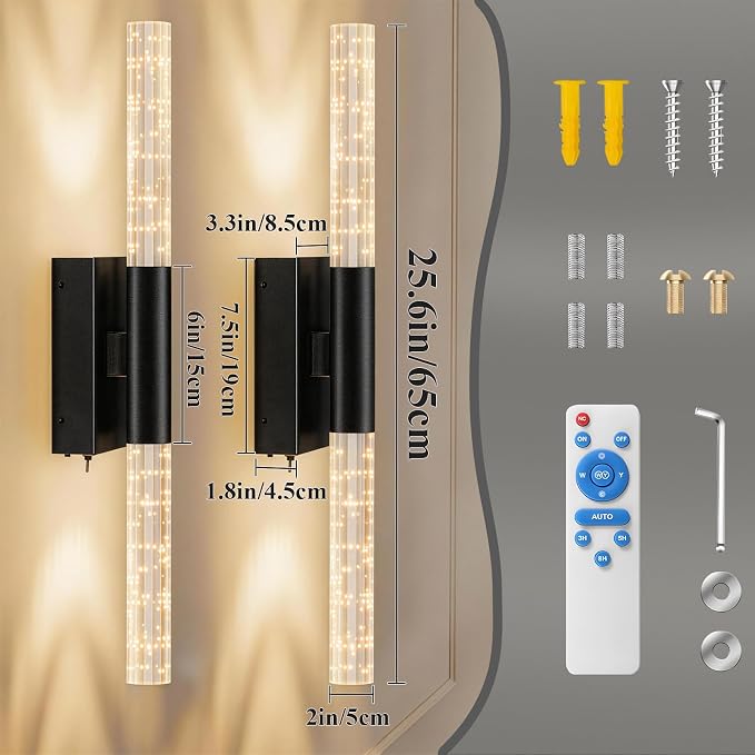 camuucci Battery Operated Wall Sconces Set of 2, Rechargeable Wall Lights | 12000mAh Long-Lasting Battery,Dimmable Cordless Sconce,No Wiring Needed for Bedroom,Living Room,Black 25.6 Inches