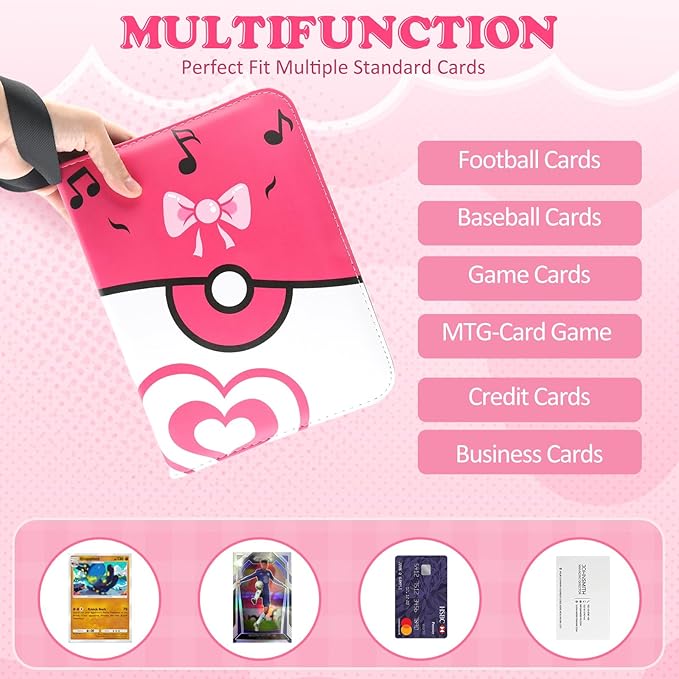 4 Pockets Trading Card Binder, 400 Card Holders with 50 Removable Sleeves, Portable Card Binder Album with zipper, Card holder Book for Game, Sport Collection (Pink)