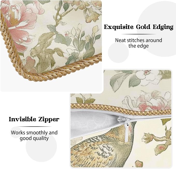 Vintage Cream Chinoiseriel Soft Velvet Throw Pillow Covers Set of 2 Bird Floral Flowers Leaves Decorative Pillow Covers 16x16 Inch Rustic Farmhouse Pillow Case For Sofa Couch Living Room Home Decor
