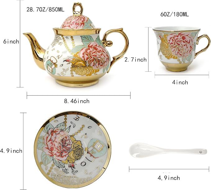 CHANJOON Gold Plated Red Rose Ceramic Tea Set, Vintage Tea Sets with Teapot, Beautiful Tea Set Coffee Serving 6 People (Golden, large)