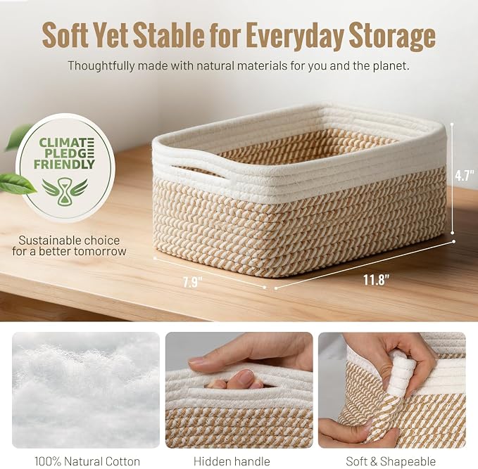 5 Pack Small Woven Storage Baskets for Shelves, Gift Baskets Empty | 11.8"x7.9"x4.7", Decorative Cotton Rope Baskets Organizer, Storage Bins for Organizing Bathroom, Closet, Nursery, Khaki/White