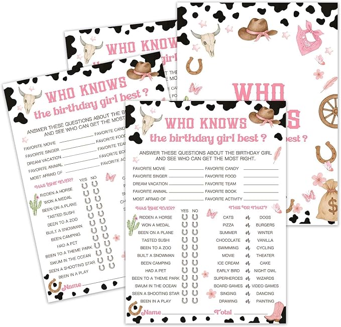 Birthday Games, Who Knows The Birthday Girl Best, 25 Cowgirl Fill-in Game Cards for Girls Sleepover Party Supplies Favors Decorations - A04