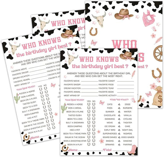 Birthday Games, Who Knows The Birthday Girl Best, 25 Cowgirl Fill-in Game Cards for Girls Sleepover Party Supplies Favors Decorations - A04