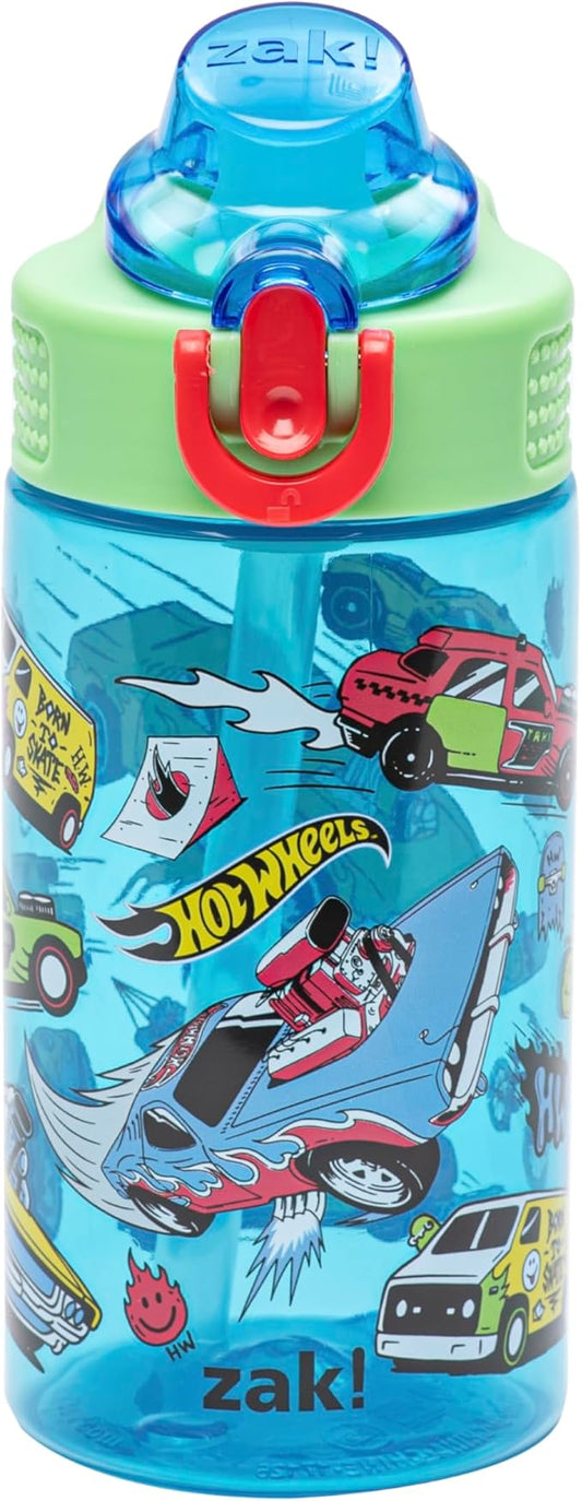 Zak Designs Mattel Hot Wheels Sage Kids Water Bottle For School or Travel, 16oz Durable Plastic Water Bottle With Straw, Handle, and Leak-Proof, Pop-Up Spout Cover (Hot Wheels)