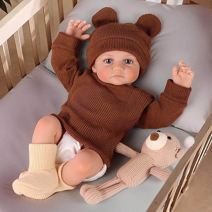 BABESIDE 17 Inch Reborn Baby Dolls, Lifelike Newborn Doll with Soft Cloth Body, Handmade Baby Doll with Bear Hat & Toy, Set Includes Bottle, Magnetic Pacifier, Clothes, Gift for Kids Age 3+