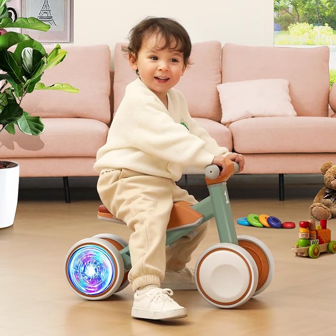 Colorful Lighting Baby Balance Bike Toys for 1 Year Old Boys Girls Gifts, Toddler First Bike 12-24 Months with Adjustable Soft Seat, 4 Silent Wheels Ride on Toy, Perfect First Birthday Gifts
