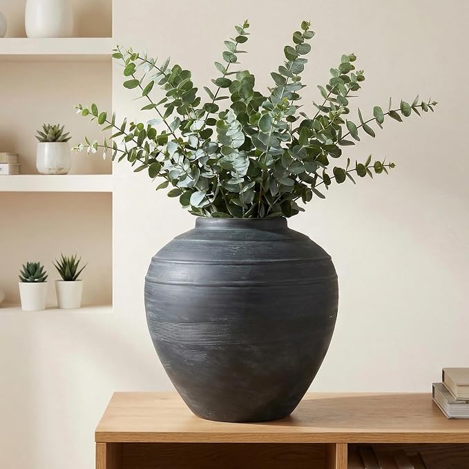 11" Blue Ceramic Vase, Rustic Farmhouse Living Room Home Decor | Artisan Handcrafted Large Ceramic Vase
