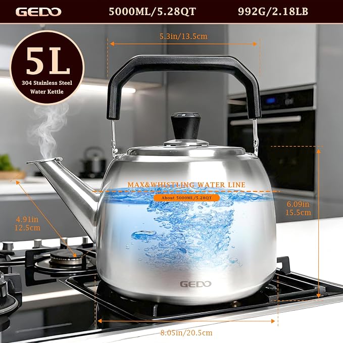 GEDO Stainless Steel Whistling Tea Kettle, 304 Food Grade, Large Capacity, Stovetop Kettle for Gas Stove and Induction Cooktop (5L/5.28QT)