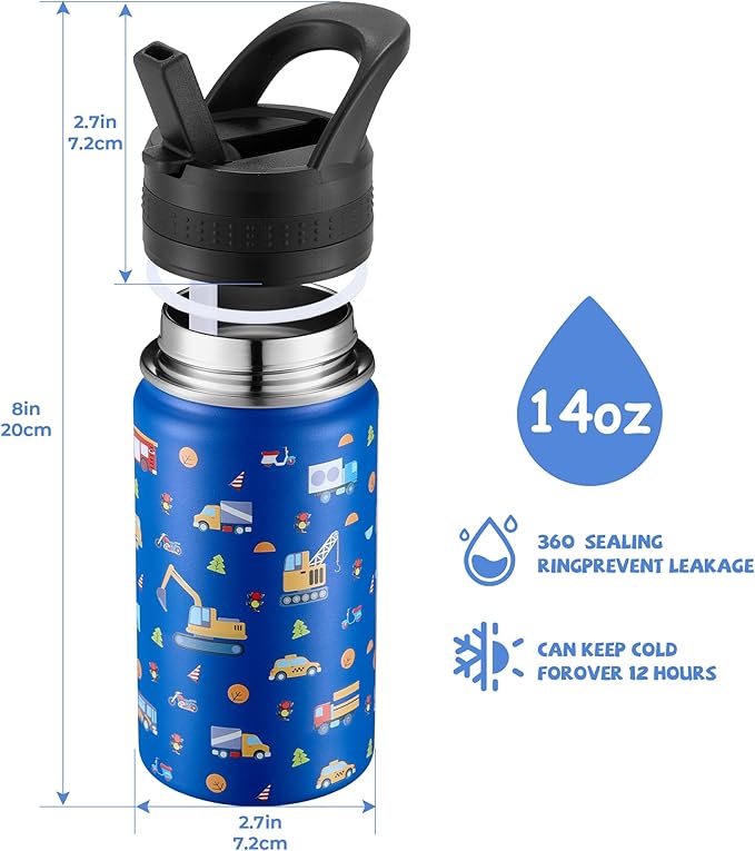 Kids Water Bottle,14oz Stainless Steel Insulated Water Tumbler Leak-Proof,School Water Mug,Small and Portable,Suitable for Boys and Girls to Use(Blue cartoon car)