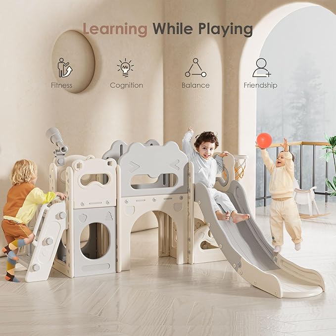 Toddler Slide Indoor, 8 in 1 Indoor Playground for Kids 1-3 Toddler Playset with Climber, Basketball Hoop, Tunnel and Storage Space Kids Outdoor Slide Playset (Grey)