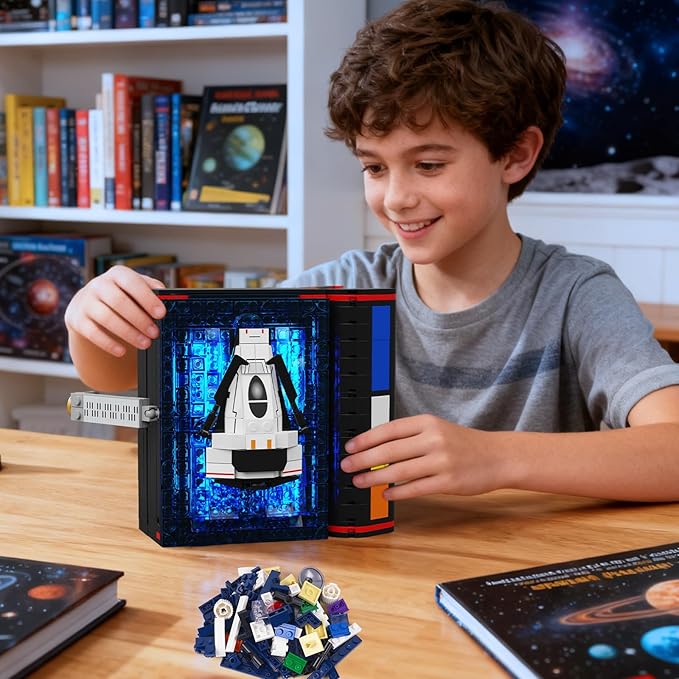 HOGOKIDS Magic Space Book Nook Building Set with LED Light, 945PCS Book Nook Building Block Sets for Bookshelf Home Decor, DIY Miniature Book Model Craft Kit, Christmas Birthday Gifts for Adults Teens