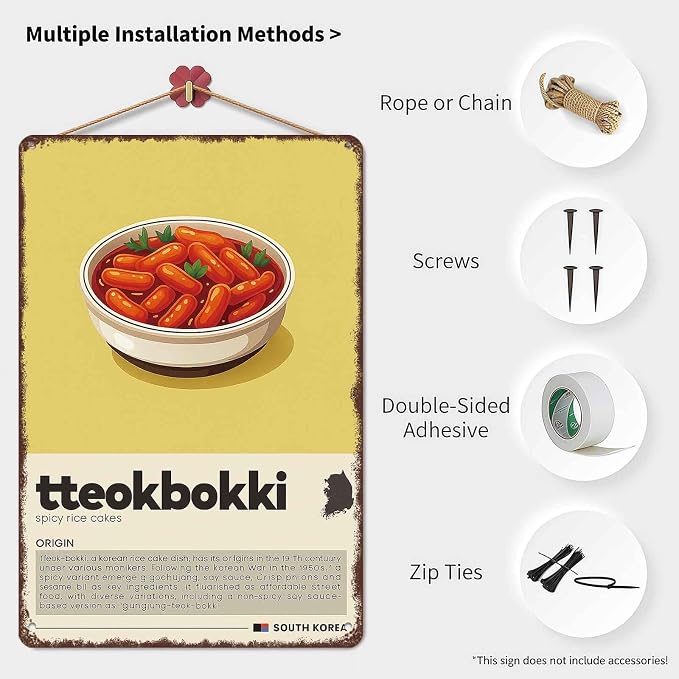 Tteokbokki Spicy Rice Cakes Vintage Aluminum Metal Sign, 8 x 12 Inch, Garage, Farmhouse, Home, Bar, Cafe, South Korean Food Decorative Plaque Wall Decor
