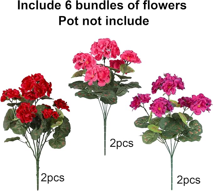 Artificial Geranium Fake Flowers for Outdoors Decoration, 6 Bundles Silk Geraniums Flower UV Resistant Look Real Faux Plants for Front Door Garden Porch Planter Patio Balcony Yard Indoor Home, Mix